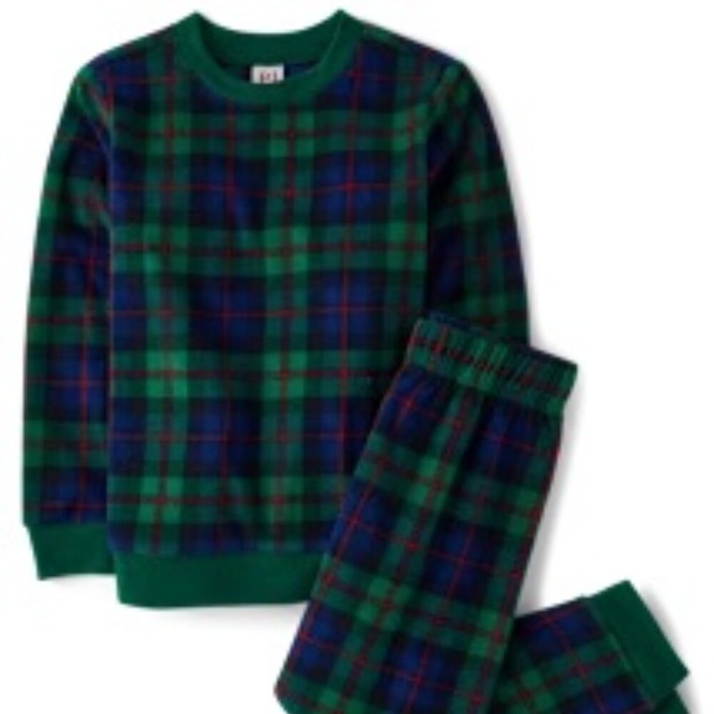 Sz XL - Unisex Kids Tartan Plaid Microfleece Pajamas